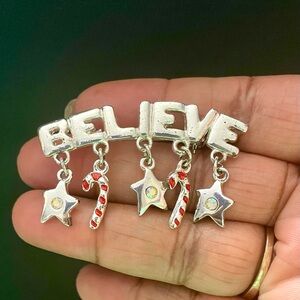 Vintage Putters Silver Tone 'Believe' Brooch Pin with Candy Cane and Star Charms